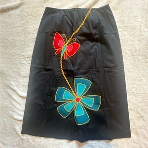 Vintage Arden B. Black Midi skirt, butterfly and flower appliqué, EUC, size 2